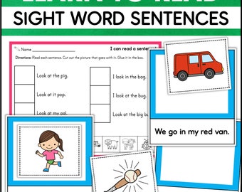 May include: A printable worksheet for learning to read sight words. The worksheet includes sentences with pictures to match. The sentences include words like "look", "at", "the", "pig", "bag", "bug", "pop", "pal", "we", "go", "in", "my", "red", "van", "she", "can", "run", "fast", "hit", "it", "with", "bat".