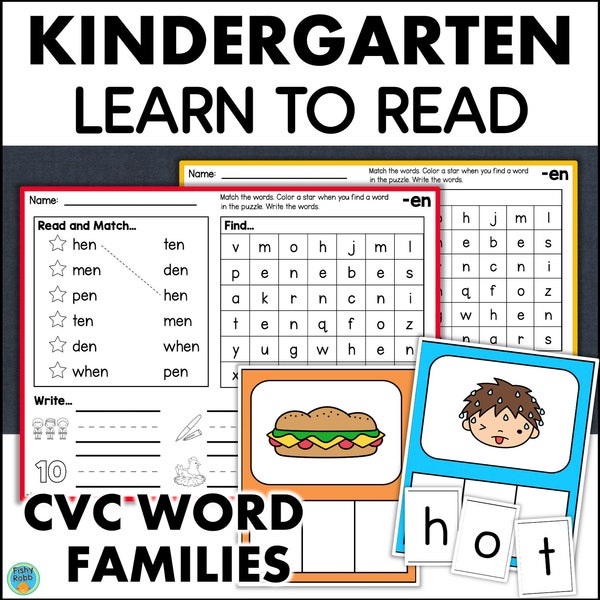 Learn to Read CVC Word Families Phonics Printable Worksheets & Activities Kindergarten Homeschool Classroom