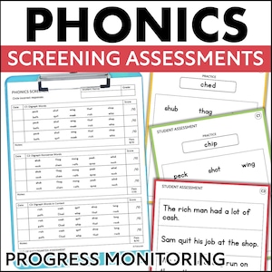 May include: Educational materials for phonics screening assessments. Includes a clipboard with a phonics screener, practice cards, and student assessment sheets. The text on the top reads "PHONICS SCREENING ASSESSMENTS".