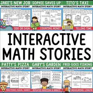 May include: A colorful printable worksheet set for teaching math to children. The worksheets feature different scenarios, such as a new job, saving money, and telling time. Each worksheet includes a short story and math problems to solve. The worksheets are designed to be interactive and engaging for young learners.