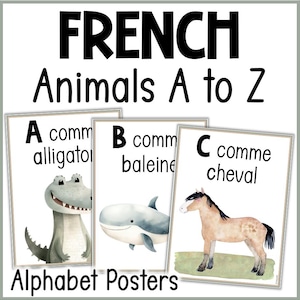 Cartazes do alfabeto francês Les Animaux Animais de A a Z Aquarela Decoração de sala de aula
