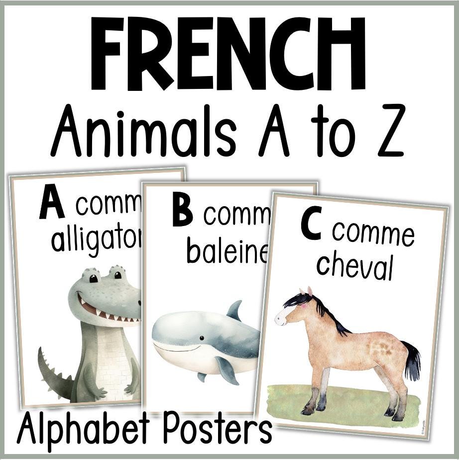 FRENCH Alphabet Posters Les Animaux Animals A to Z Watercolor Classroom Decor