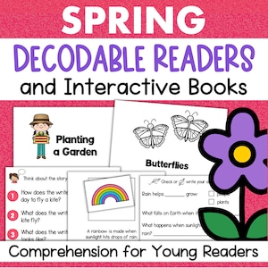 May include: A set of printable spring-themed educational activities for young readers. The activities include a reading comprehension worksheet about planting a garden, a worksheet about butterflies, and a worksheet about a flower.