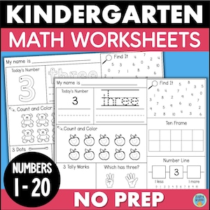 Kindergarten Math Worksheets Learning Numbers 1 to 20 Counting Number Recognition Classroom Homeschool Printables
