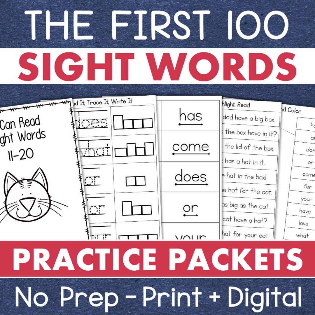 100 Printable Sight Words Worksheets & Flashcards Kindergarten Etsy