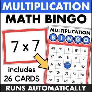 Peut inclure: Jeu éducatif coloré intitulé "Multiplication Math Bingo". L'image montre une carte de bingo avec des chiffres et un problème de multiplication, 7 x 7. Le texte comprend "includes 26 cartes" et "runs automatically".