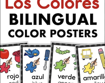 May include: Four bilingual colour posters with illustrations and Spanish and English words for red, blue, green, and yellow. The posters have a black and white polka dot background.
