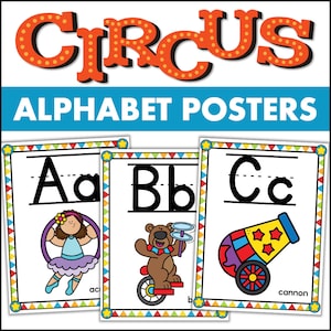 Imprimible circo tema ABC alfabeto carteles letras de la A a la Z decoración del aula