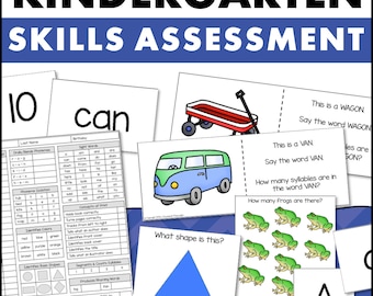 May include: A printable worksheet for kindergarten skills assessment. The worksheet includes activities such as identifying sight words, counting objects, identifying colors, and identifying basic shapes. The worksheet also includes a section on counting syllables in words.