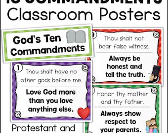 May include: Ten Commandments classroom posters with colorful backgrounds and illustrations. The posters feature the text "God's Ten Commandments", "Thou shalt have no other gods before me", "Love God more than you love anything else", "Thou shalt not bear false witness", "Always be honest and tell the truth", "Honor thy mother and thy father", and "Always show respect to your parents".