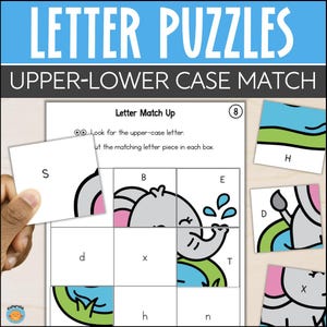 Puede incluir: Un juego de rompecabezas de letras con el texto "LETTER PUZZLES UPPER-LOWER CASE MATCH". El juego presenta la coincidencia de mayúsculas y minúsculas con un gráfico de elefante. El juego incluye fichas de letras y un tablero de emparejamiento.