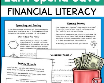 Puede incluir: Una hoja de trabajo educativa colorida con el título "Gana, gasta, ahorra - Alfabetización financiera". La hoja de trabajo incluye secciones sobre gastar y ahorrar, ganar dinero y una comprobación de vocabulario. La hoja de trabajo presenta ilustraciones de una alcancía, una billetera y un árbol.