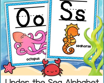 Imprimible BAJO EL MAR Océano Tema ABC Alfabeto Carteles Letras A a Z Decoración del aula