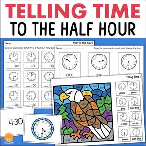 Lernen Sie, die Zeit zur vollen Stunde und zur halben Stunde zu zählen Arbeitsblätter Aktivitäten Poster 1.2.Grad Homeschool Printables