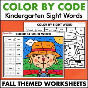 May include: Color by code worksheets for kindergarten sight words. The worksheets feature a fall theme with a scarecrow illustration. The image includes an answer key and the text "Fall Themed Worksheets".