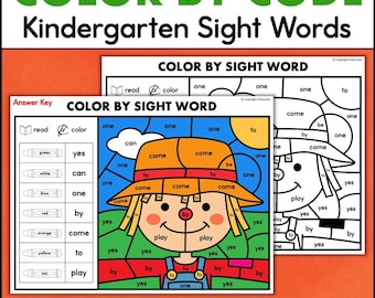 Kindergarten Worksheets Sight Words Color By Code Pictures Learn to Read Classroom Homeschool Printables