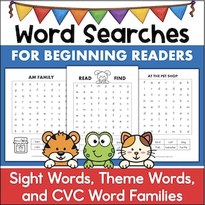 以下が含まれることがあります： 初心者向けのカラフルな単語検索パズル3つ。パズルには、サイトワード、テーマワード、CVCワードファミリーが掲載されています。パズルは、「AMファミリー」、「読む」、「見つける」、「ペットショップで」というタイトルです。