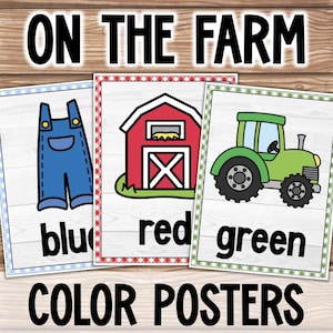 May include: Color posters with the text "ON THE FARM" and "COLOR POSTERS". The posters feature illustrations of blue overalls, a red barn, and a green tractor, each labeled with its respective color.