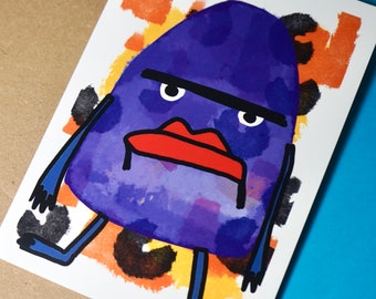 A6, Single greeting card, blue, orange, grumpy, creature, monster,fun, quirky envelopes included, for any occasion