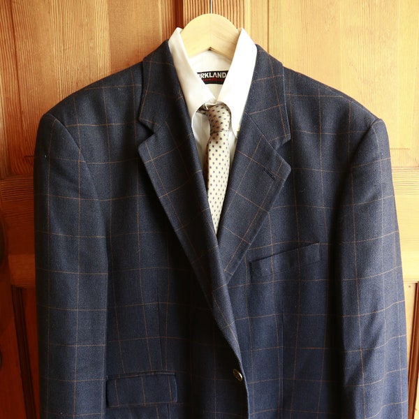 Men's Chaps 42R 3-Button Double Vented Windowpane Sport Coat With Ticket Pocket Silk, Linen, Wool