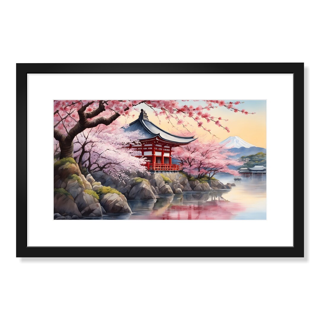 Japan Temple Water Cherry Tree Abstract Watercolor Painting - Etsy