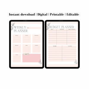 Puede incluir: Planificador semanal y planificador de presupuesto imprimibles con un fondo rosa y acentos florales. El planificador semanal tiene secciones para el lunes al domingo. El planificador de presupuesto tiene secciones para facturas, gastos, pagos de deudas, ingresos y ahorros.