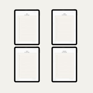 May include: Four digital tablet screens with a white background and black borders. Each screen displays a to-do list for a different month: May, June, July, and August.