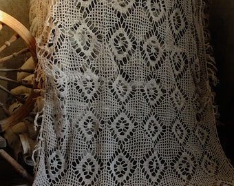 Antique pure hemp crochet tablecloth, 75"/43", 1900s