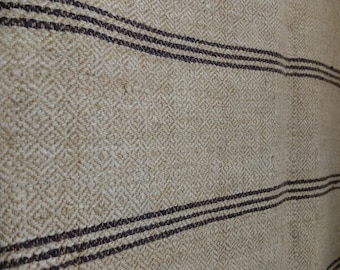 RESERVED 77"/59" antique striped natural hemp sheet, diamond weave rag rug, handwoven pure hemp country rug
