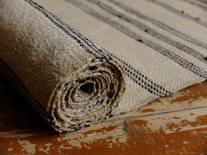 4.75yds/25.6 pure hemp rug runner, antique homespun hemp mat, handwoven striped country runner zdjęcie 1