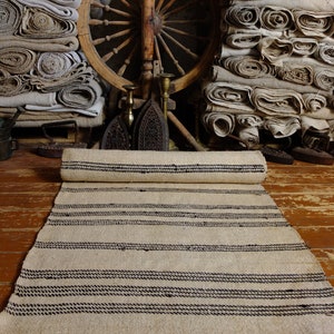 4.75yds/25.6 pure hemp rug runner, antique homespun hemp mat, handwoven striped country runner zdjęcie 3