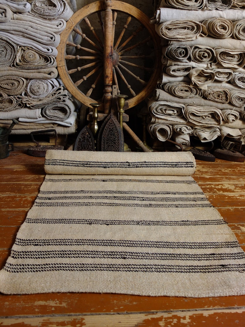 4.75yds/25.6 pure hemp rug runner, antique homespun hemp mat, handwoven striped country runner zdjęcie 3