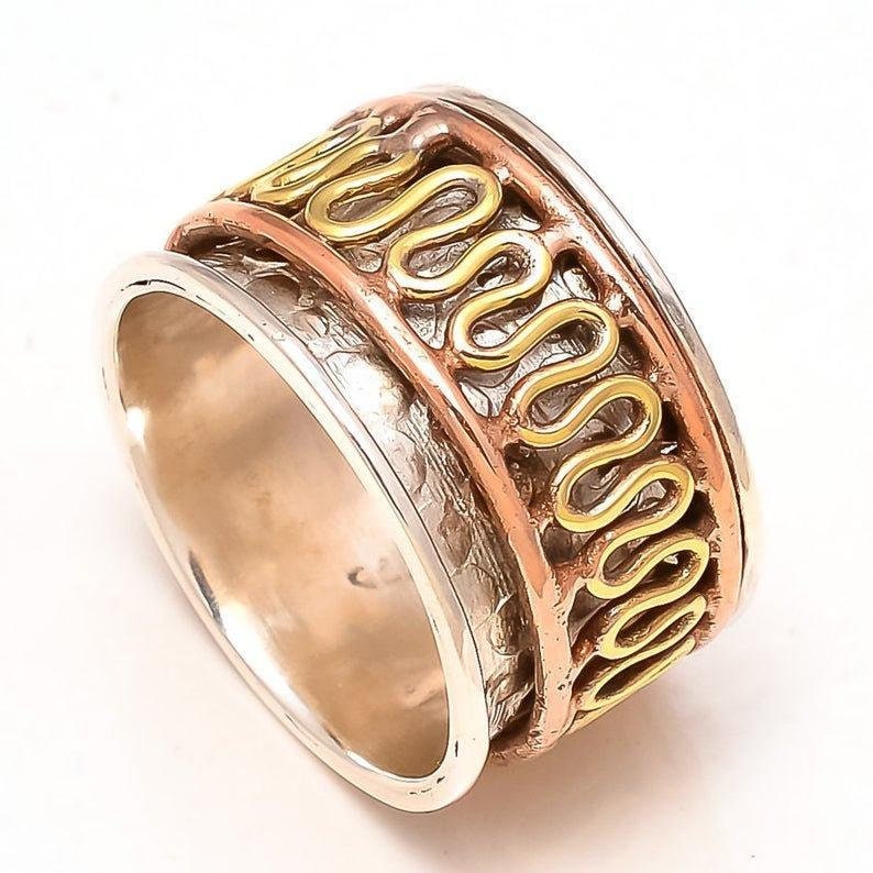 solid 925 sterling silver wide band brass /& copper spinner ring jewelry handmade good quality all us size free shipping