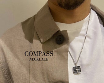 Compass Necklace Men, Men&#39;s Jewelry, Stainless Steel, Compass Point, Simple, Antique Silver, Simple Jewelry, Sporty • Compass Necklace