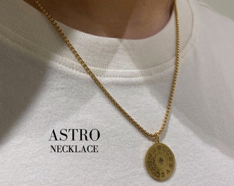 Round Necklace Men, Medal, Zodiac, Astrology, Men&#39;s Jewelry, Stainless Steel, Gold, Silver, Simple, Lightweight • Astro Necklace