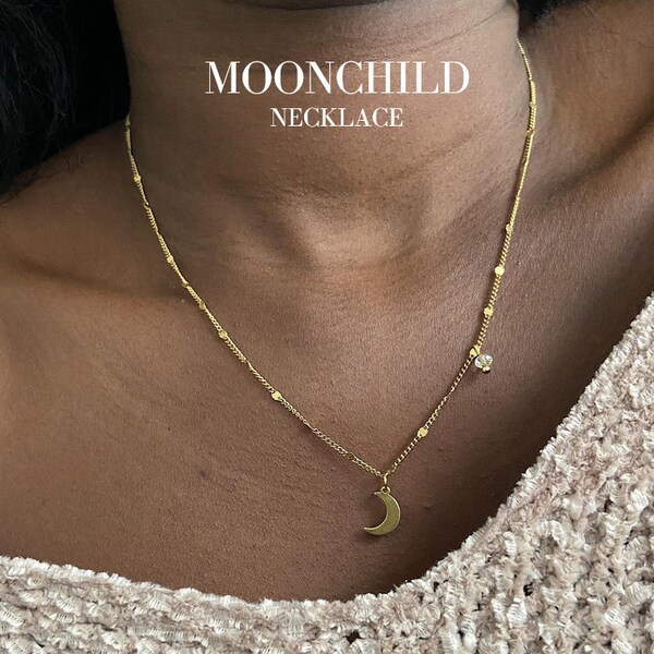 Moon Necklace, Crystal Pearl, Swarovski Pearl, Stainles Steel, sky, stars, moon, meaningful, symbolic, elegant, Gift • Moonchild Necklace