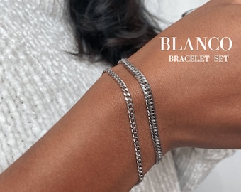 Stainless Steel Bracelets, Bracelet Set, Curb Necklace Silver, Simple Minimalist Necklace, Bracelets Double, Jewelry Set • Blanco Bracelet Set