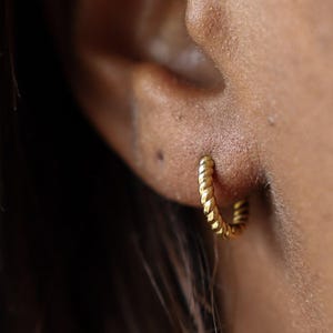 Könnte beinhalten: Nahaufnahme eines goldfarbenen Creolen-Ohrrings mit gedrehtem Seildesign. Der Ohrring wird am Ohr einer Person mit braunem Haar getragen. Der Ohrring ist klein und zart.