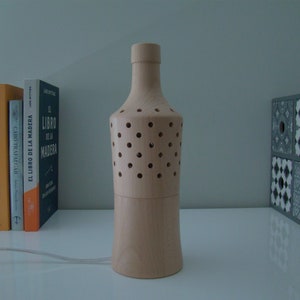 Bottle- shaped wooden bedside/desk lamp for reading or ambient light, (VM model)
