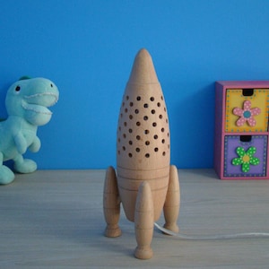 Kids rocket lamp. Rocket-shaped wooden bedside/desk lamp for reading or ambient light, ideal gift for kids (CH-3 model)