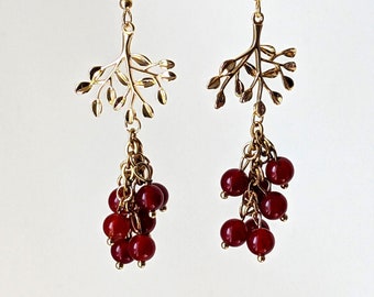 Boucles d'oreilles Berry groseille plaqué or avec perles de jade