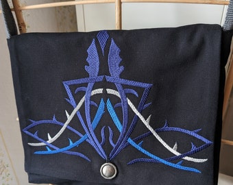 Shoulder bag black canvas with embroidery in fantasy style