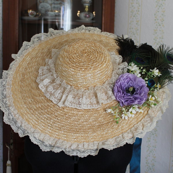 Straw hat Rococo 18th century Bergère made of straw with artificial flowers and feathers