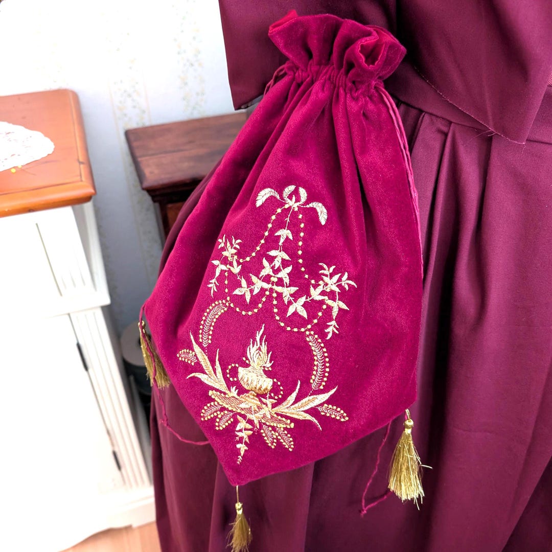 Elegant Large Dark Red Velvet Bag With Gold Embroidery in the Regency ...