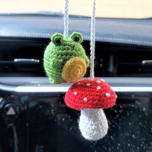 Amigurumi Frog and Mushroom Car Rear View Mirror Accessories MADE TO ORDER