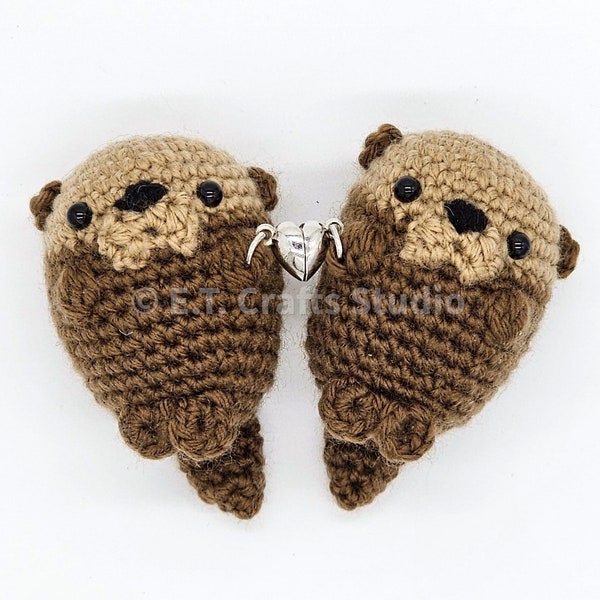 Amigurumi Cute Otter Couple with Magnetic Heart Matching Keychains MADE TO ORDER