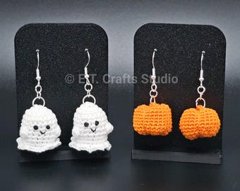 Micro Amigurumi Fall Ghost & Orange Pumpkin Halloween Crochet Plushies | 925 Sterling Silver Earrings | MADE TO ORDER