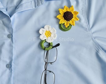 Set of Crochet Daisy & Sunflower Glasses Holder Brooches | Floral Accessories | READY TO SHIP