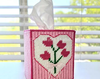 Needlepoint Pink Flower Bouquet Tissue Box Cover Plastic Canvas | Valentine's Day Decor | READY TO SHIP