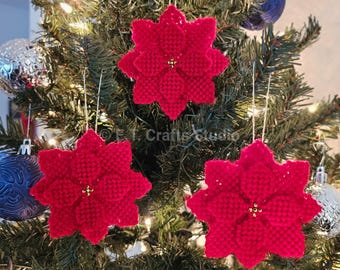 One (1) Needlepoint Red Poinsettia Flower Christmas Ornament | Plastic Canvas Christmas Tree Decorations | READY TO SHIP